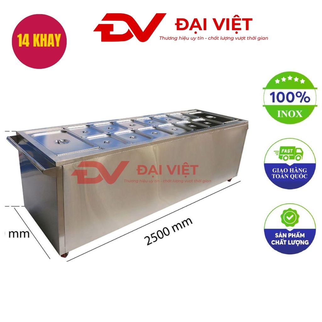 Tủ hâm nóng thức ăn 14 khay (Inox 304) đặt trong bếp công nghiệp — sản xuất tại xưởng Cơ Khí Đại Việt.