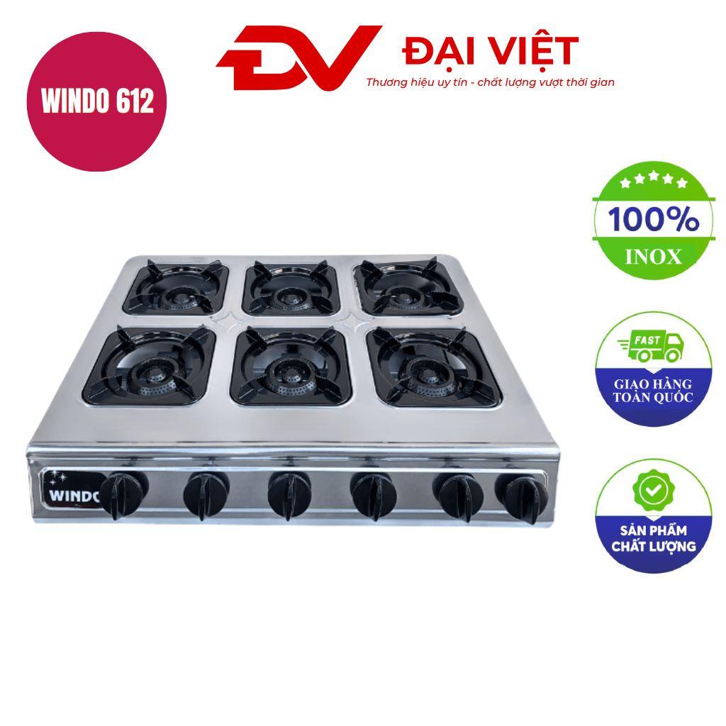 Bếp gas công nghiệp thấp áp 6 lò vuông điếu gang WINDO 612 — sản xuất tại xưởng Cơ Khí Đại Việt.