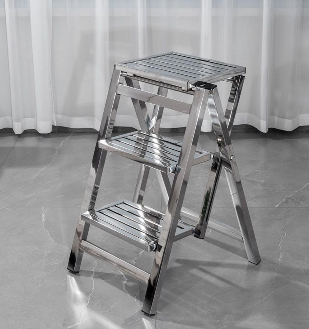 Infographic hiển thị bảng thông số kỹ thuật các loại thang inox chữ A với chiều cao và tải trọng tương ứng.