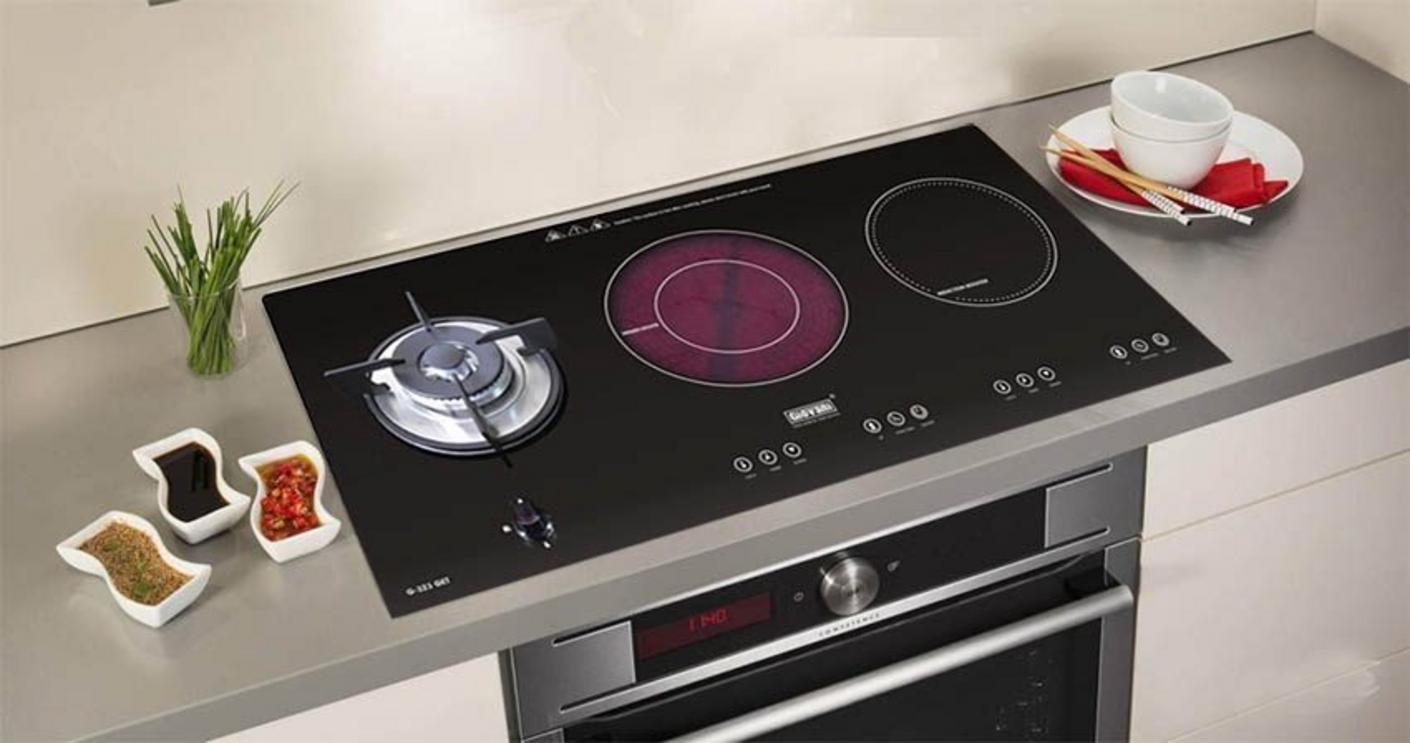 Sơ đồ cấu tạo của bếp từ kết hợp hồng ngoại, chỉ rõ vùng nấu từ và vùng nấu hồng ngoại.