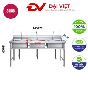 Bồn rửa inox công nghiệp 3 hố 1450x500x800mm