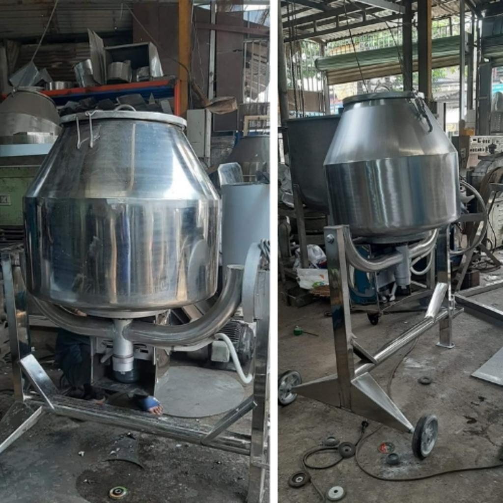 Minh họa 4 dòng máy trộn công nghiệp phổ biến: nằm ngang, thùng quay, tẩm gia vị, và dạng lỏng.