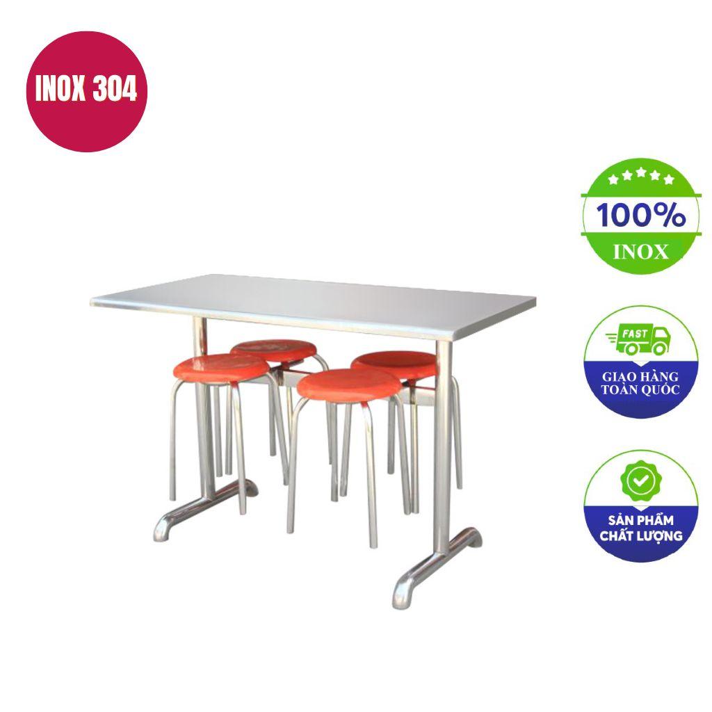 Minh họa các loại bàn ghế inox phổ biến: bàn tròn, bàn chữ nhật và bàn gấp.