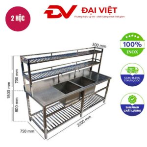 Chậu rửa công nghiệp 2 hộc có bàn trái phải và kệ trên kệ dưới 2200x750x1500mm