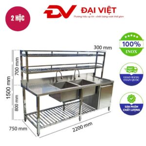 Chậu rửa công nghiệp 2 hộc kèm tủ và bàn trái 2200x750x1500mm