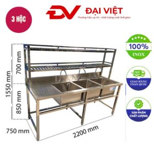 Chậu rửa công nghiệp 3 hố kèm kệ trái và 2 kệ trên 2200x750x1550mm