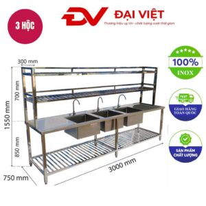 Chậu rửa công nghiệp 3 hộc có bàn trái phải và kệ trên kệ dưới 3000x750x1550mm