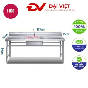 Chậu rửa inox công nghiệp 1 hộc có 2 bàn lệch 1750x600x800mm