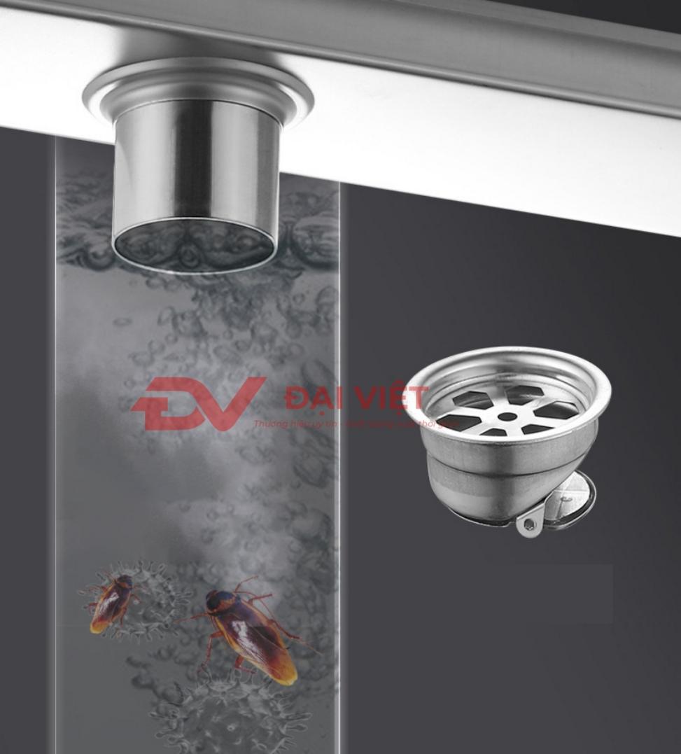 Cấu tạo chi tiết của một phễu thoát sàn inox 2 tầng với lõi ngăn mùi và lưới lọc rác.
