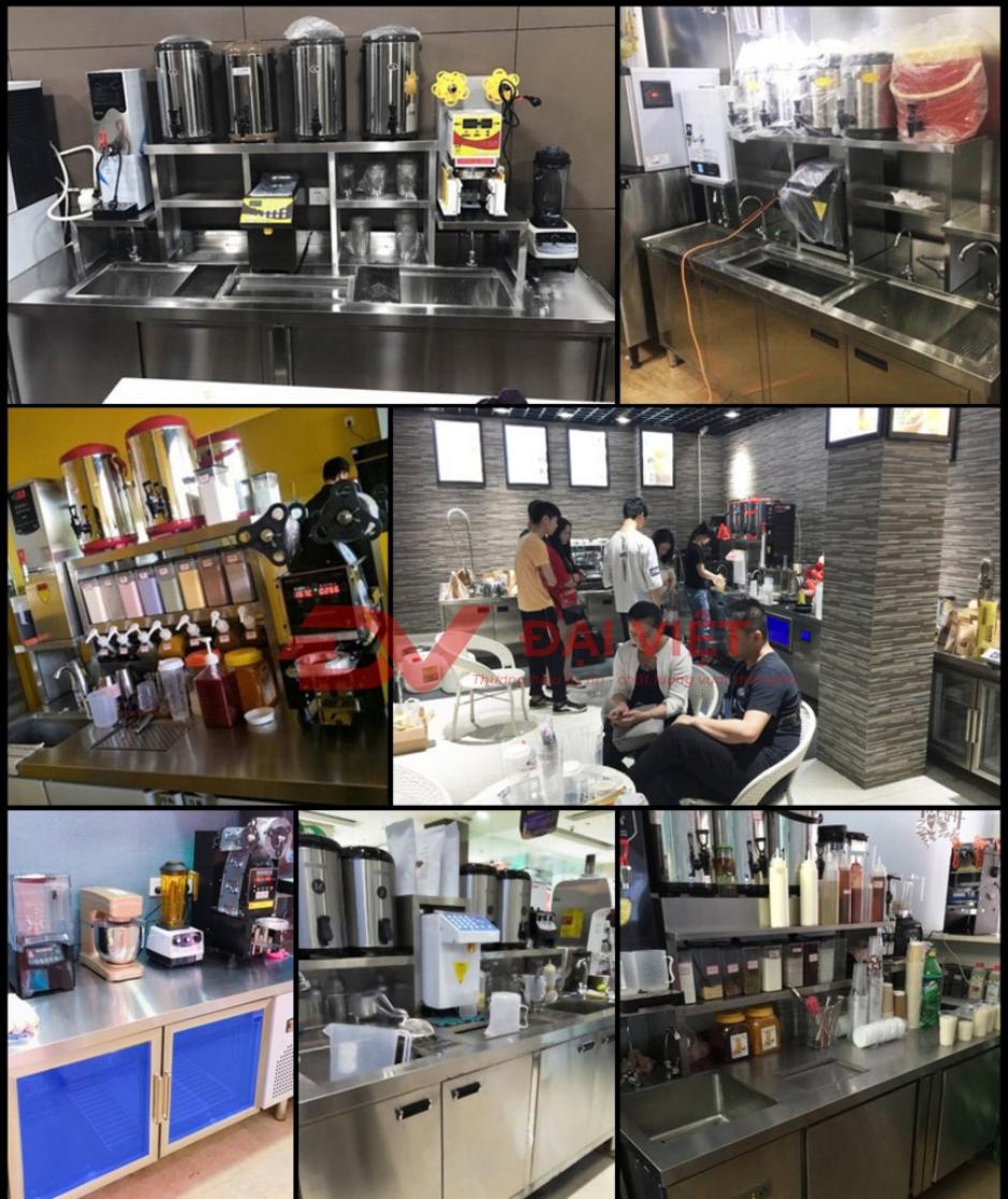 Nhân viên pha chế làm việc hiệu quả bên trong quầy bar inox sạch sẽ và sáng bóng.