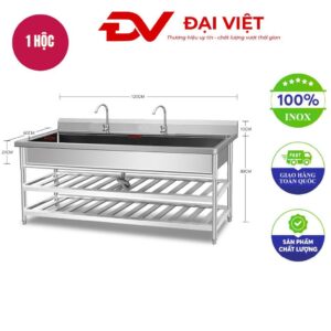 Máng rửa tay inox công nghiệp 2 kệ 1200x600x800mm
