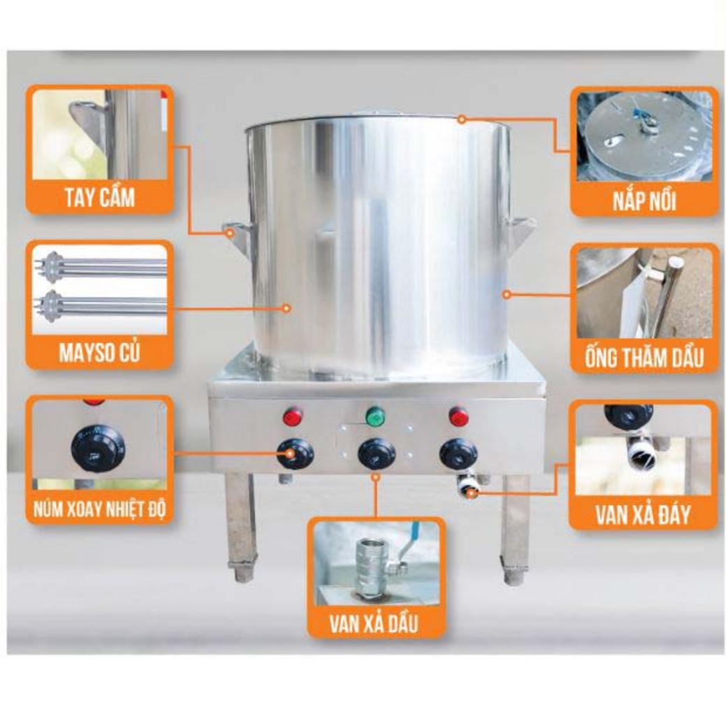 Sơ đồ cấu tạo chi tiết của nồi nấu cháo công nghiệp 3 lớp Inox 304 với các bộ phận chính.