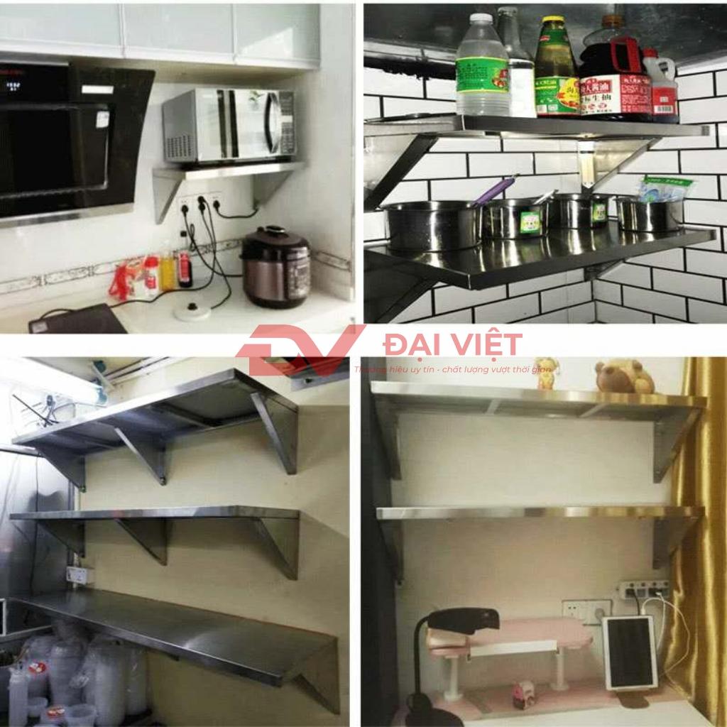 Các loại kệ inox treo tường phổ biến được sử dụng trong bếp nhà hàng.