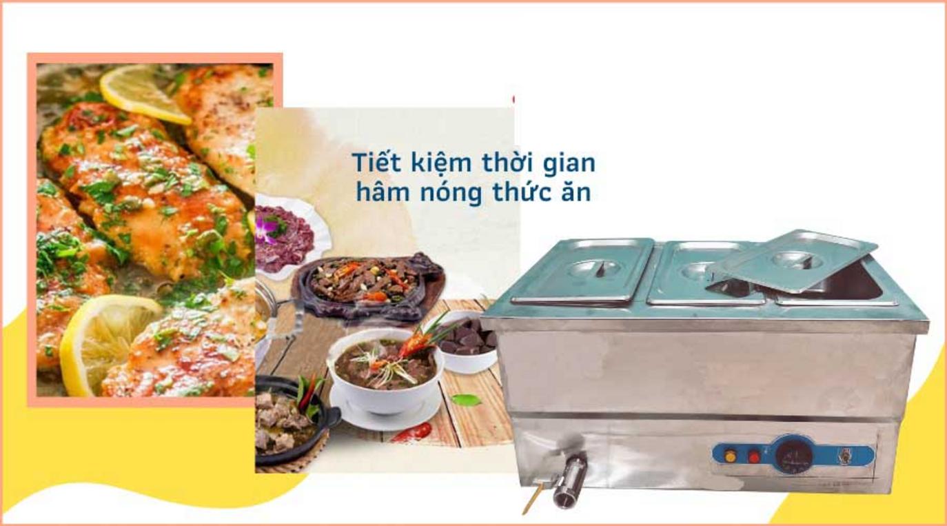 Sơ đồ chi tiết cấu tạo của một tủ hâm nóng thức ăn, chỉ rõ vị trí thanh nhiệt, buồng nước và khay GN.