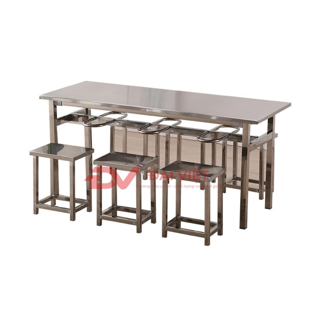 Bảng so sánh trực quan độ bền, khả năng vệ sinh, chống nước và chi phí của bàn inox, bàn thép sơn và bàn mặt gỗ.