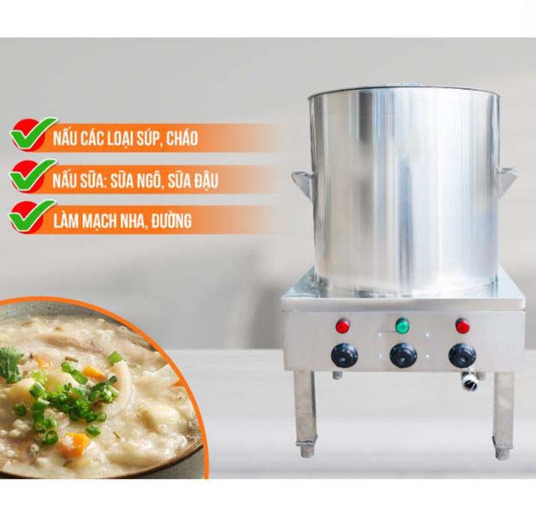 Nồi nấu cháo công nghiệp đang được dùng để nấu sữa ngô với cánh khuấy hoạt động liên tục.