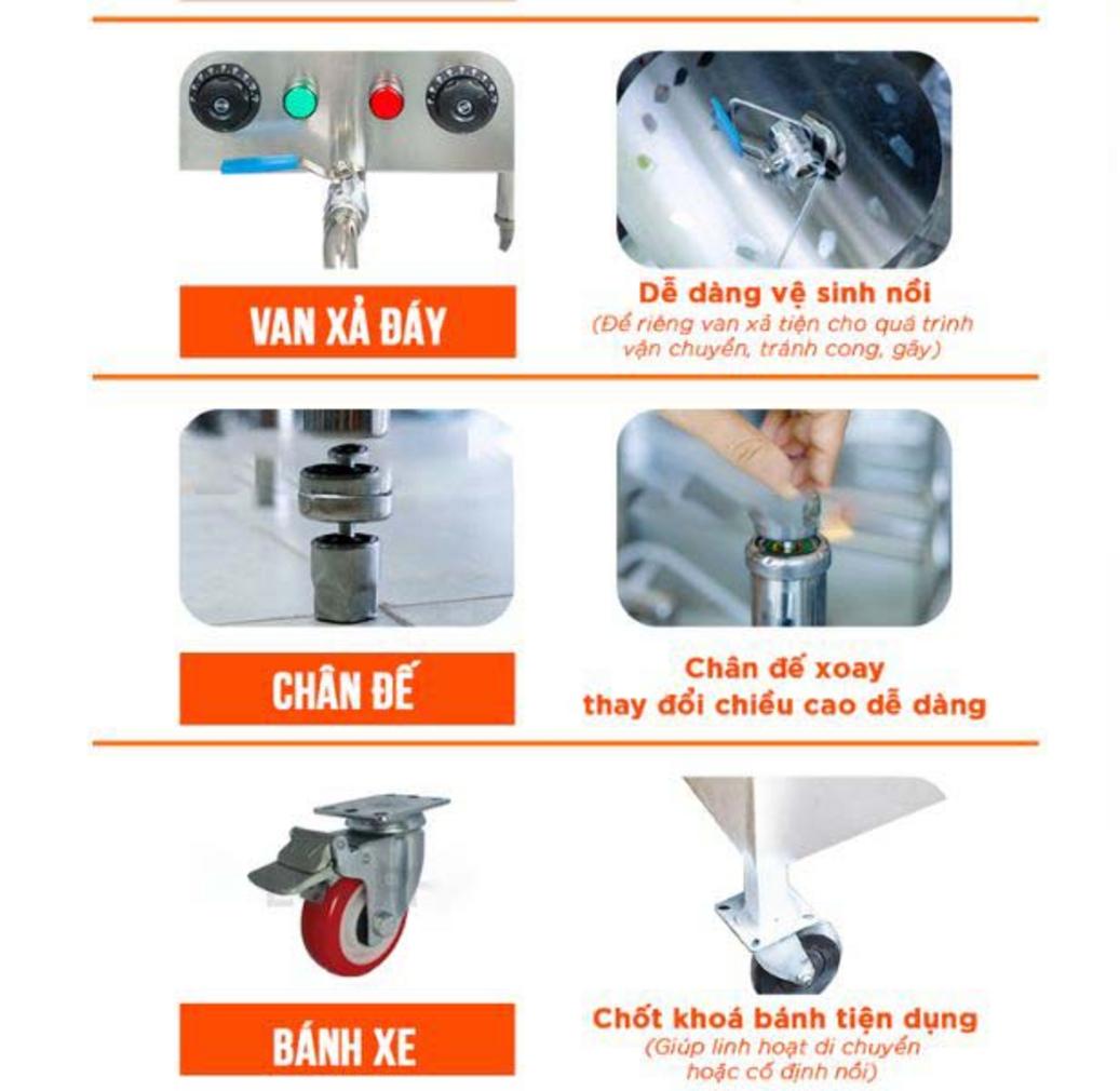 Nhân viên thực hiện vệ sinh khoang trong của nồi nấu cháo bằng vòi xịt và khăn mềm.