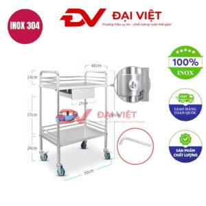 xe đẩy y tế 2 tầng kèm ngăn kéo 500x400x900mm