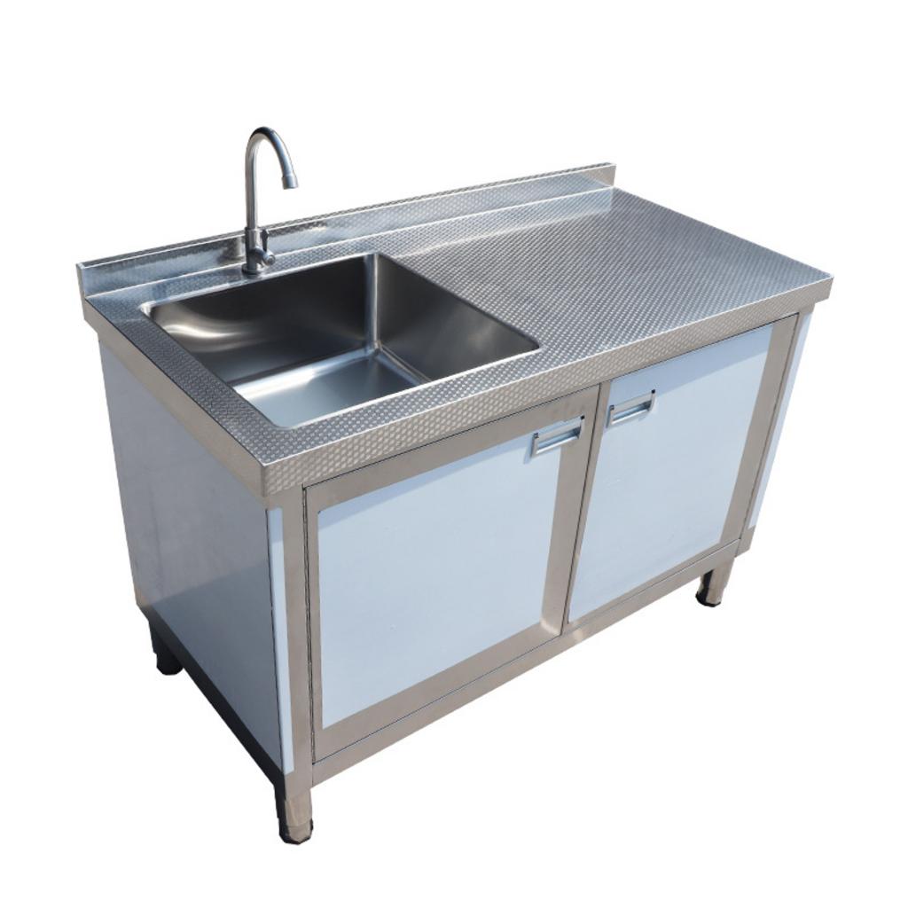 Hình ảnh chi tiết cấu tạo của một module tủ bếp inox 3 lớp với cánh kính cường lực.