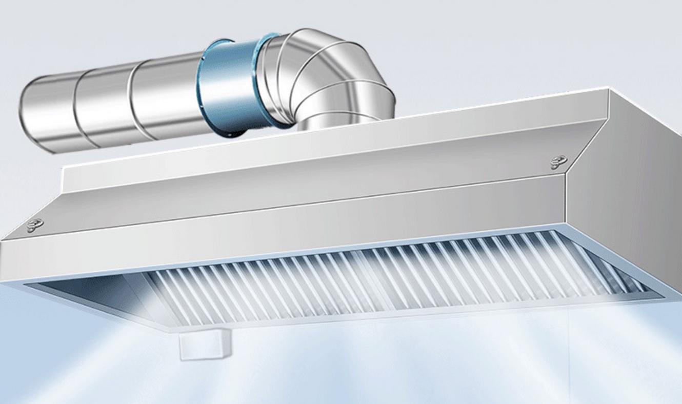 Sơ đồ tổng thể hệ thống hút khói, cấp gió tươi và các đường điện, nước (MEP) trong bếp công nghiệp.