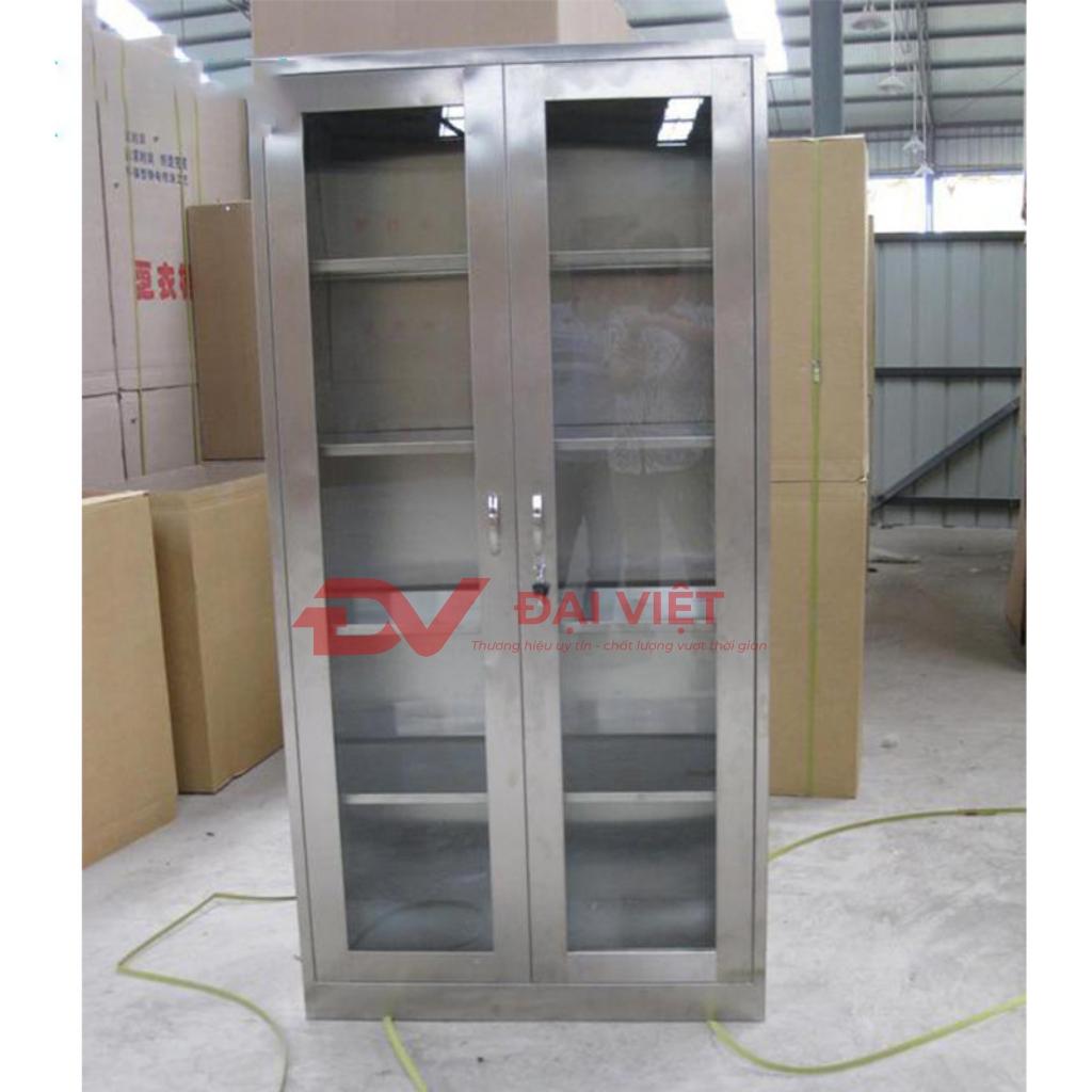 Tủ hồ sơ inox 4 cửa 900x400x1800mm đặt trong văn phòng - hiển thị khóa riêng, mối hàn TIG và bề mặt Inox 304.