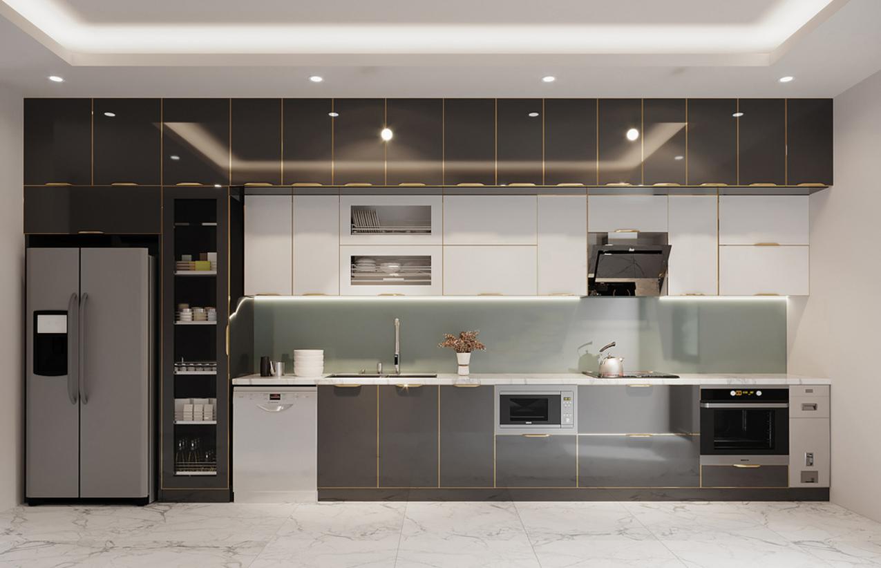 Tủ bếp inox cánh kính trong suite khách sạn cao cấp.