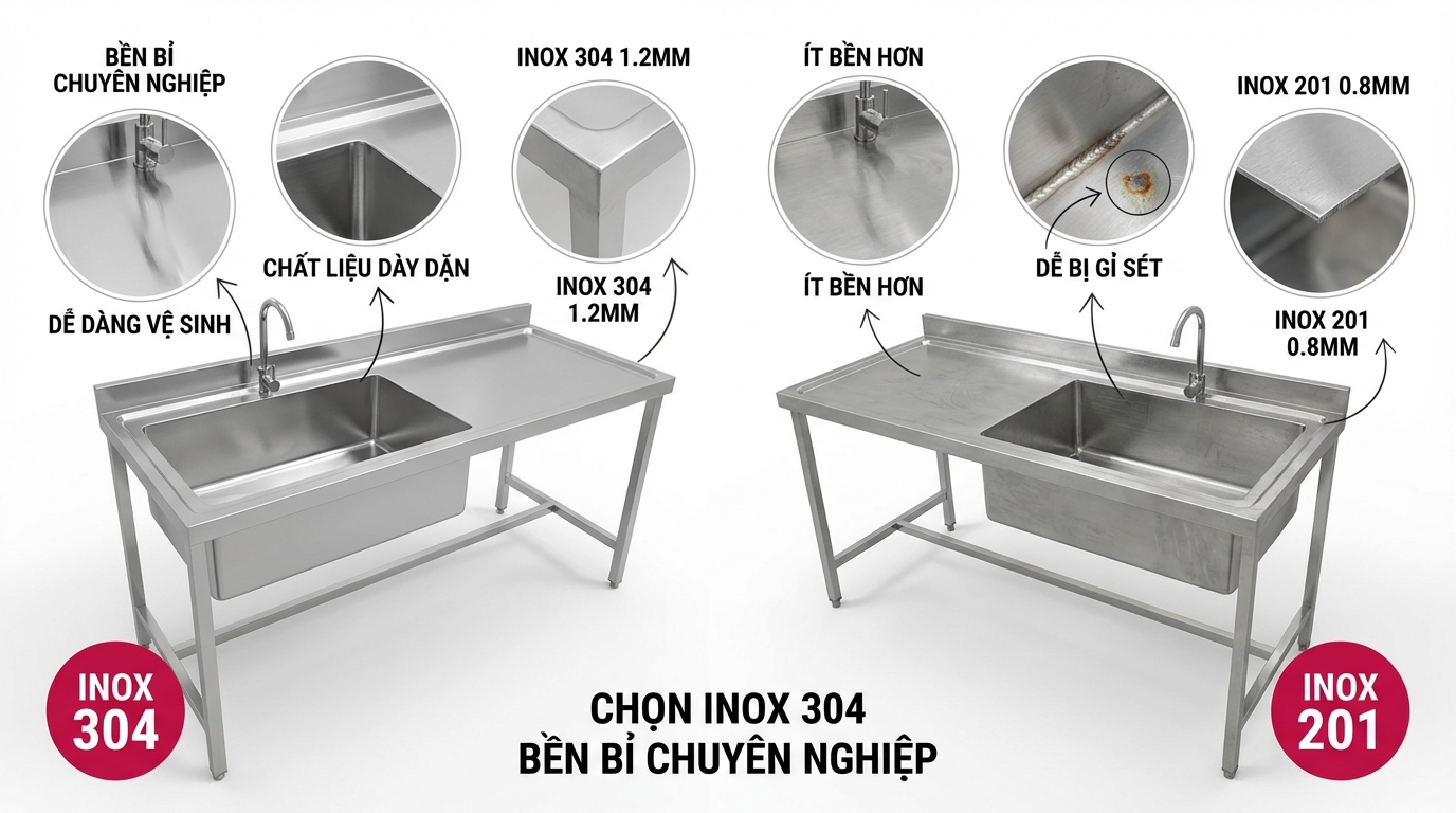 So sánh Inox 304 và Inox 201 cho bồn rửa công nghiệp