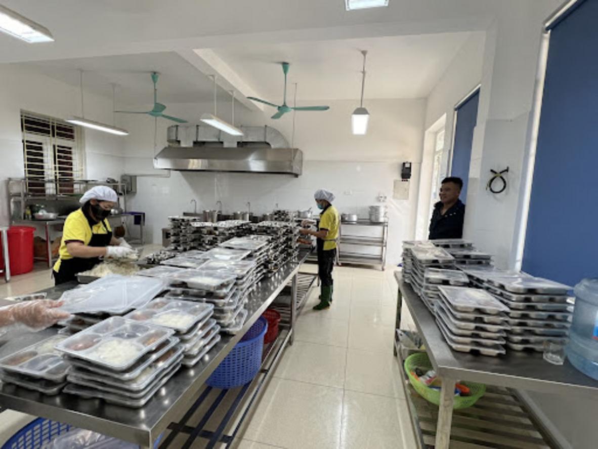 Sơ đồ nguyên tắc bếp một chiều cho bếp ăn bán trú: tách luồng sống–chín–rửa để giảm nhiễm chéo.