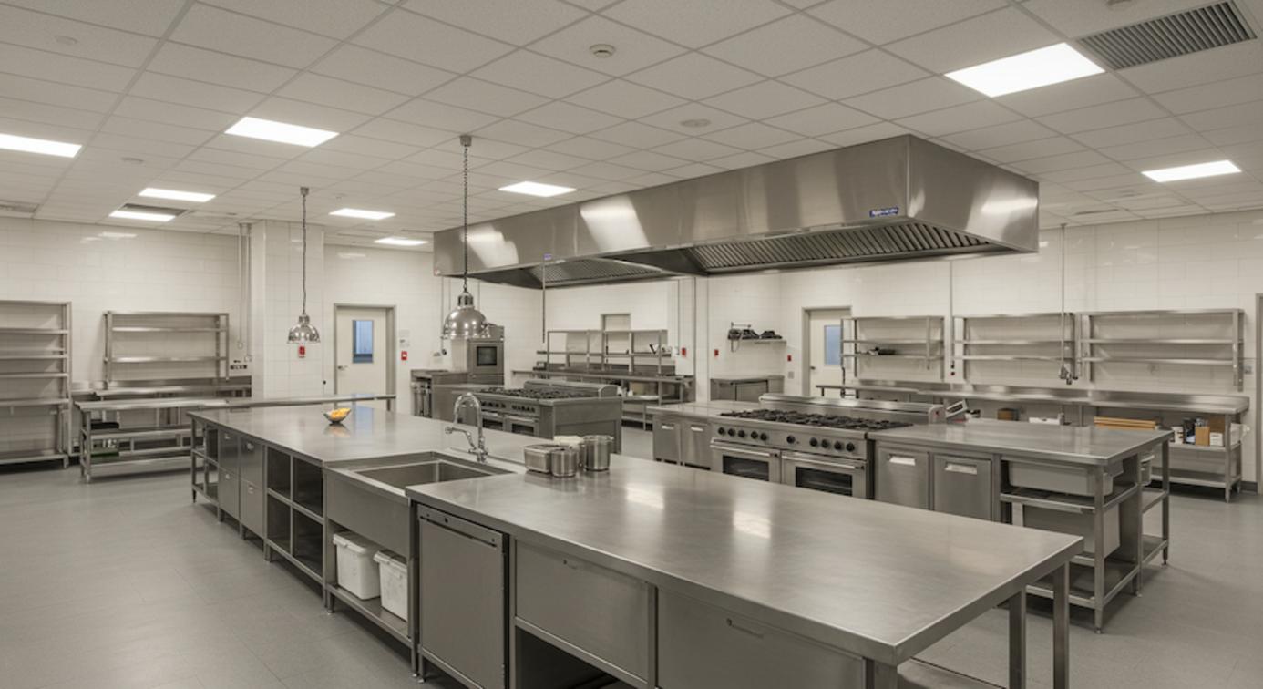 Luồng thực phẩm: tiếp nhận–kho–sơ chế–nấu–chia suất.