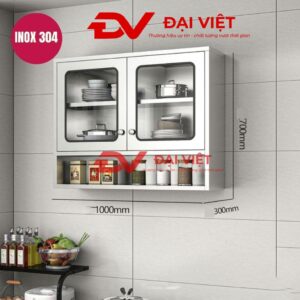 Tủ bếp inox treo tường 2 cánh kính 1 kệ 1000x300x700mm