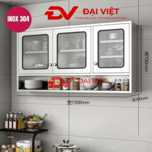 Tủ bếp inox treo tường 3 cánh kính 1 kệ 1500x300x700