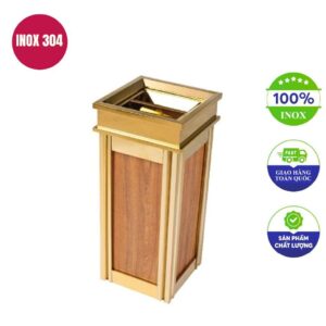 Thùng rác inox mạ vàng bọc da giả vân gỗ