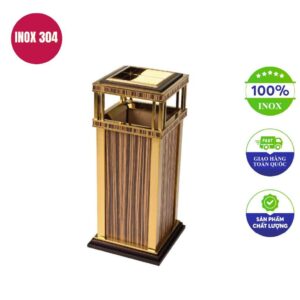 Thùng rác inox mạ vàng in giả gỗ cao cấp