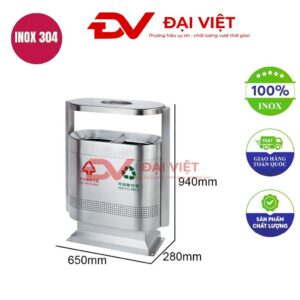 Thùng rác inox ngoài trời 2 ngăn có gạt tàn 650x280x940mm