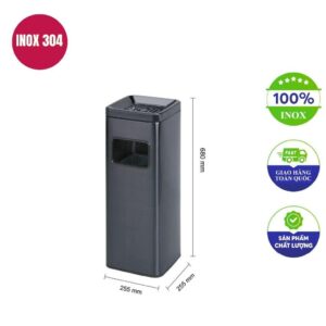 Thùng rác inox vuông có gạt tàn 255x255x680mm