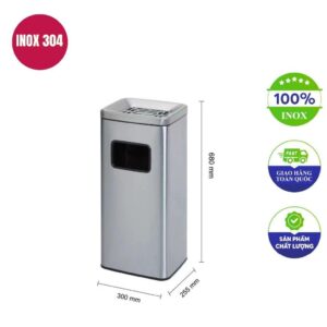Thùng rác inox vuông có gạt tàn 300x255x680mm