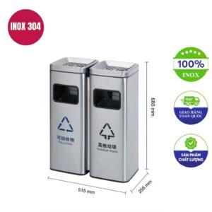Thùng rác inox vuông có gạt tàn 515x255x680mm