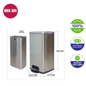 Thùng rác inox vuông đạp chân 320x270x490mm