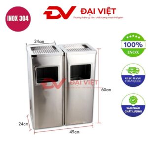 Thùng rác inox 2 ngăn có gạt tàn 490x240x240mm