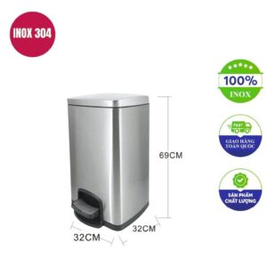 Thùng rác inox đạp chân vuông 335x290x600mm
