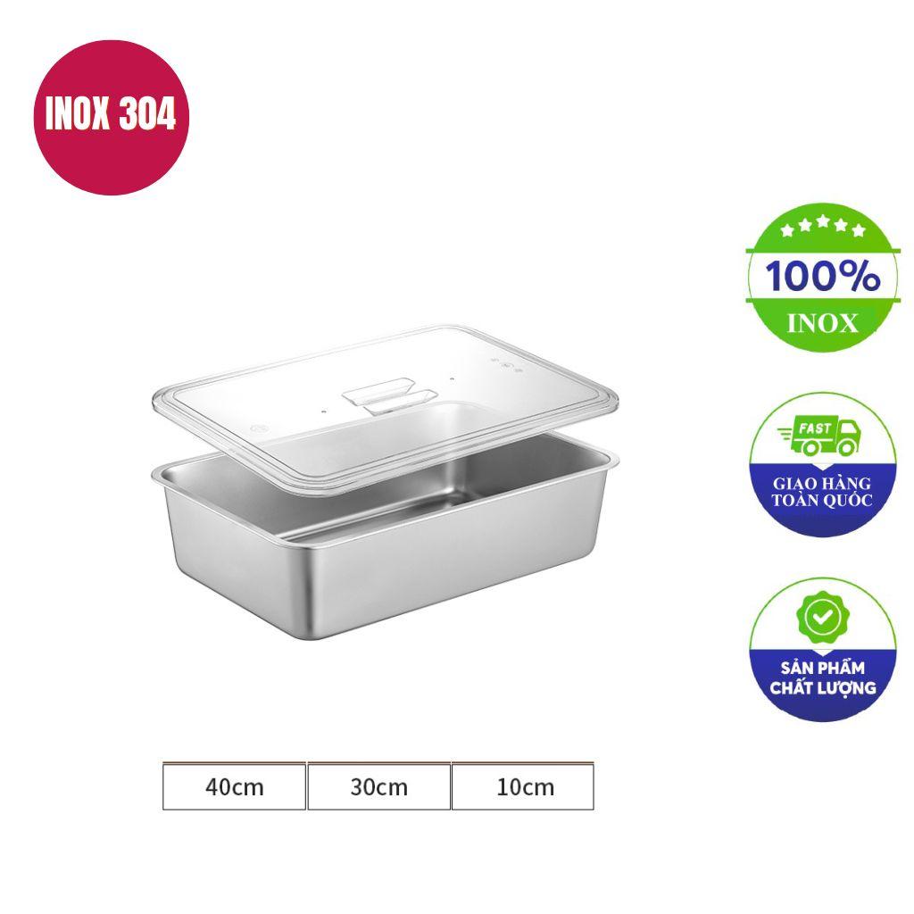 Khay inox có nắp 50x35x7cm được bảo hành 12 tháng.