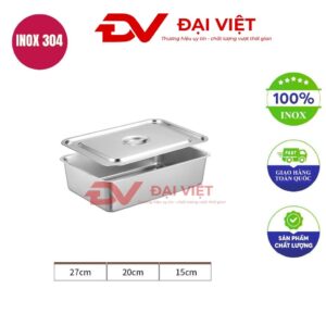 khay inox chữ nhật có nắp 27x20x15cm