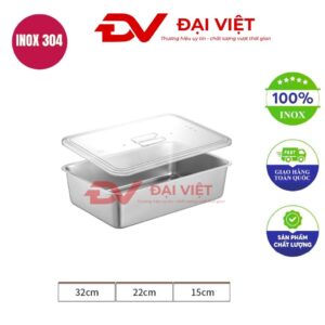 khay inox chữ nhật có nắp 32x22x15cm