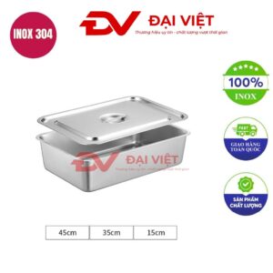 khay inox chữ nhật có nắp 45x35x15cm