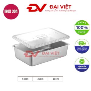 khay inox đựng thức ăn có nắp 50x35x10cm
