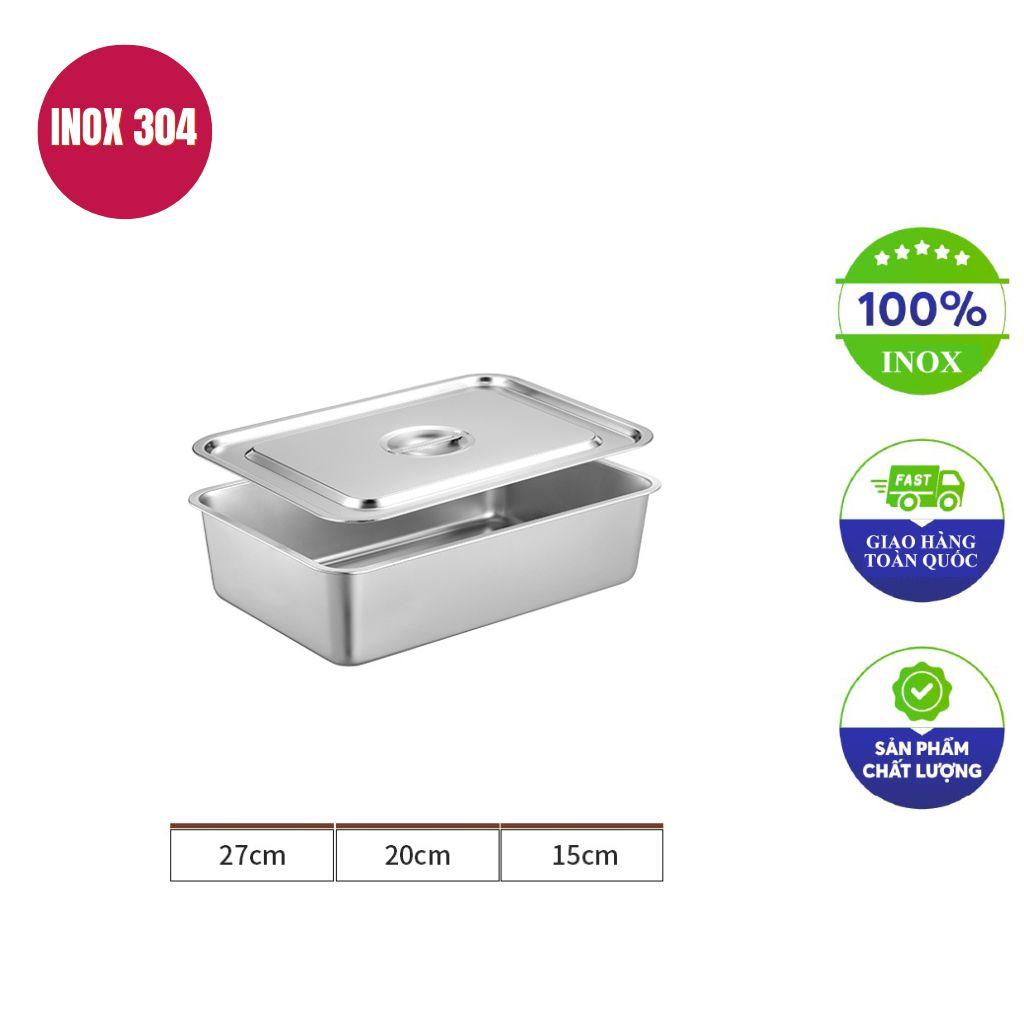 Khay inox đựng thức ăn có nắp 50x35x20cm bằng inox SUS 304, sâu lòng và kín nắp.