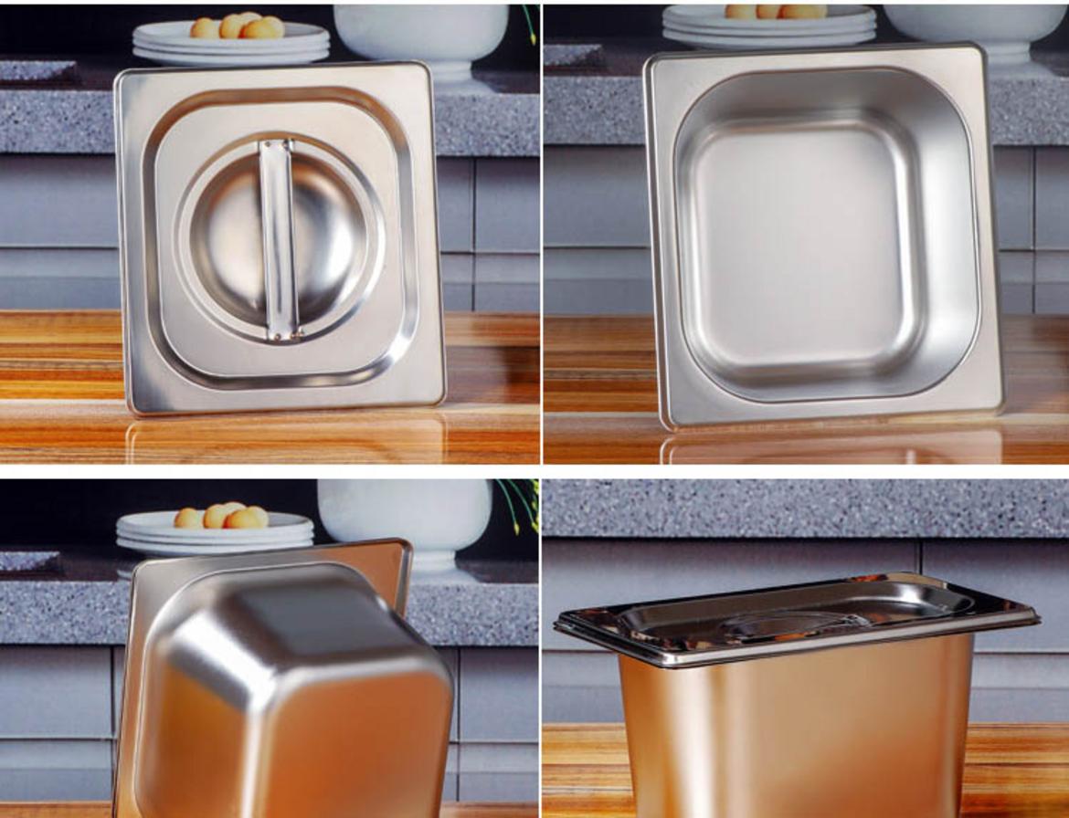 Khay inox GN 1/6 inox 201 dày 1mm cho quầy topping chuyên nghiệp.