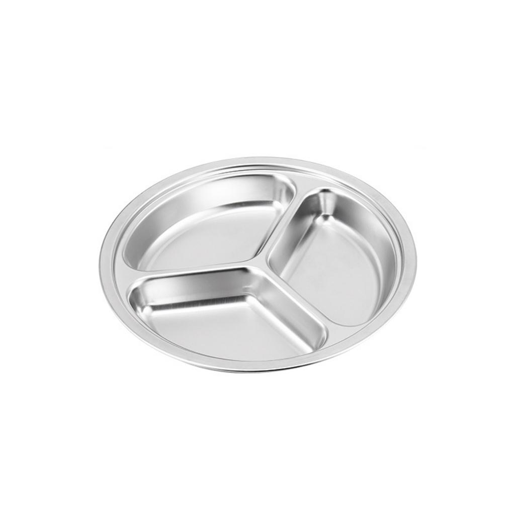 Khay inox tròn 4 ngăn 26x3.2cm bằng inox SUS 304, bo tròn an toàn cho suất ăn gọn gàng.