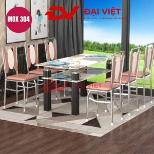 Bộ bàn kính 2 tầng chân inox 6 ghế GC01
