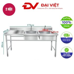 Bồn rửa chén inox 2 hộc có kệ phải 1750x600x800mm